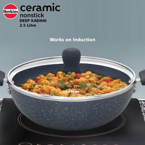 Hawkins Ceramic Nonstick 2.5 Litre, Deep Fry Pan with Glass Lid, Deep Kadhai (ICK25G)